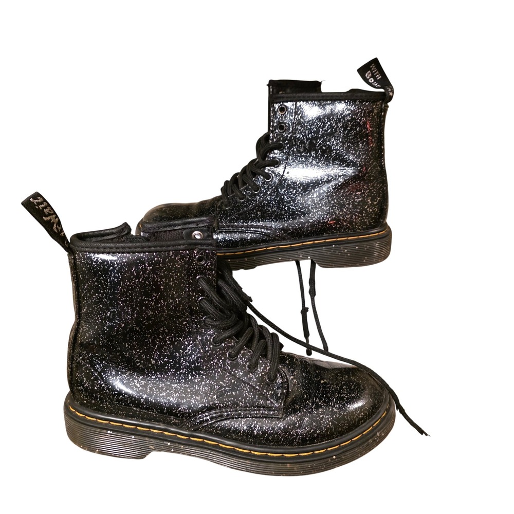 Dr. Martens 1460 J Kids Black Glitter Lace Up Side Zip Boots Size 2 US 33 EU